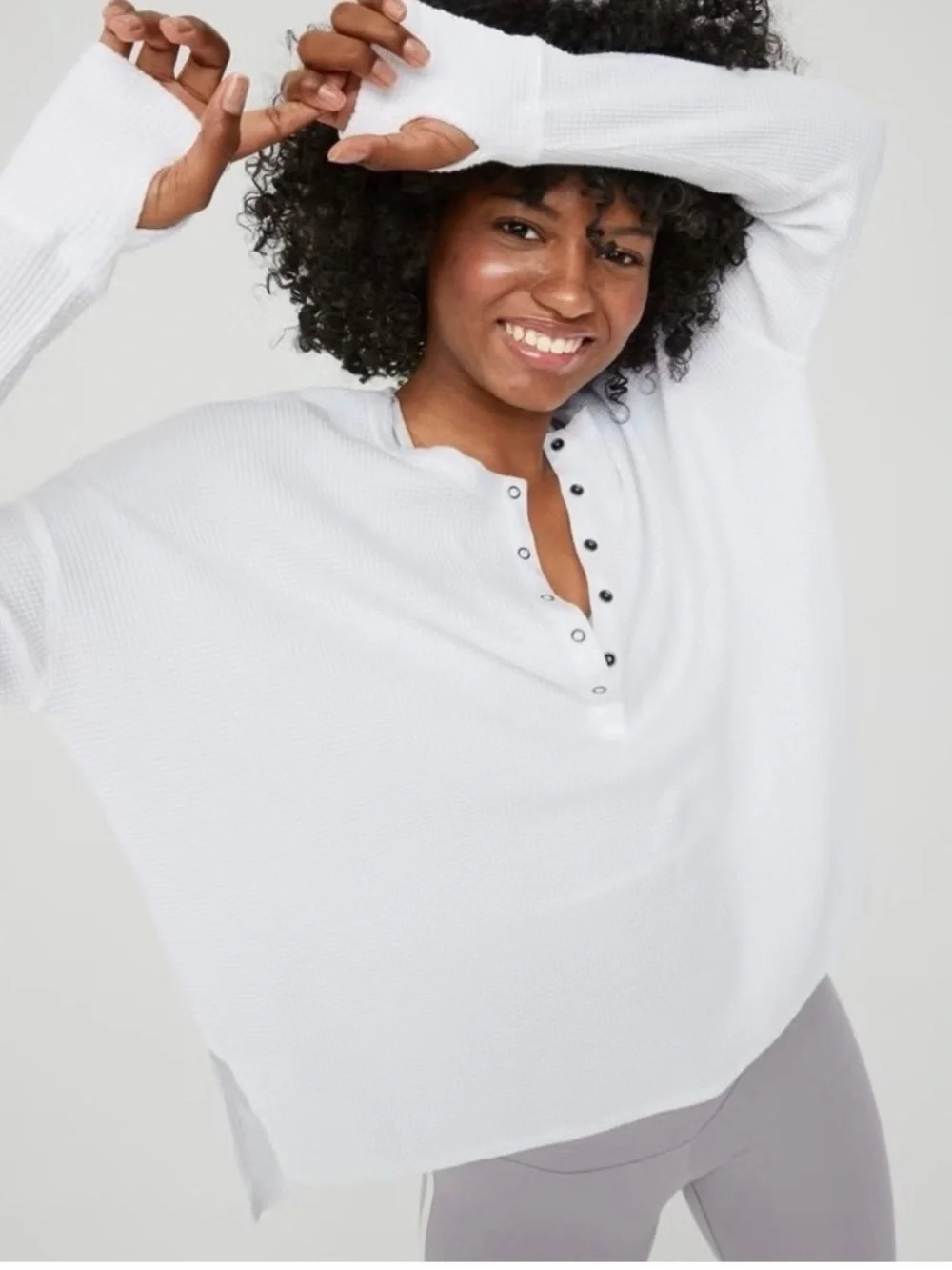 Offline Aerie Way Back Waffle Henley L White Oversized Long Sleeve - Picture 2 of 6